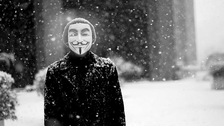 men's coat, Anonymous, snow, monochrome, Guy Fawkes mask, winter, HD wallpaper