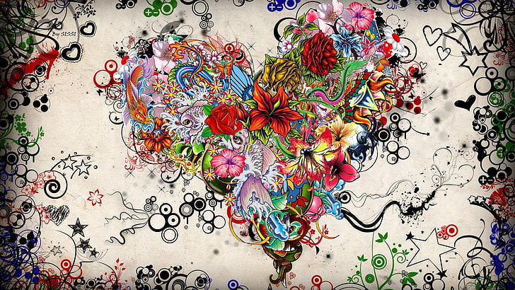 multicolored floral digital wallpaper, abstract, flowers, heart