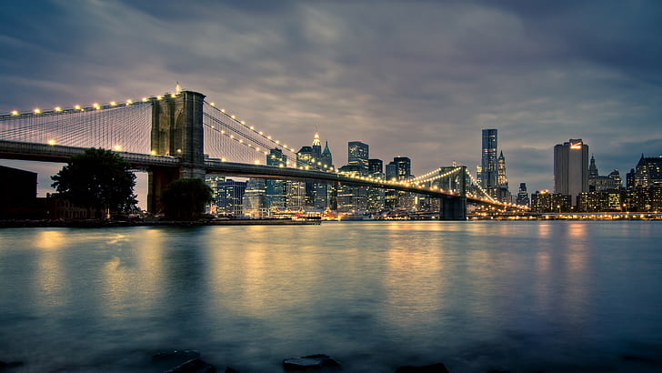 Brooklyn Bridge Bridge New York Lights Buildings River Skyscrapers HD, HD wallpaper
