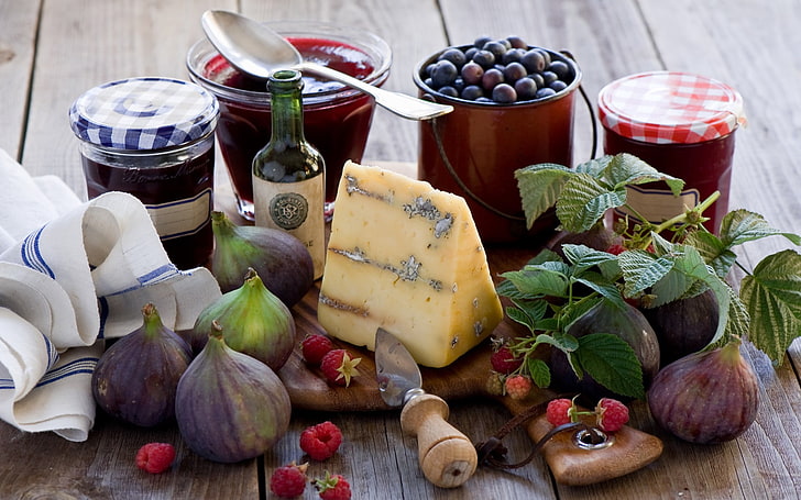 cheese , common fig ,and several jam jars, food, lunch, cutting board