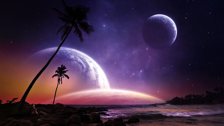planets, palm, moon, sky, stars, alien planet, fantasy art, HD wallpaper
