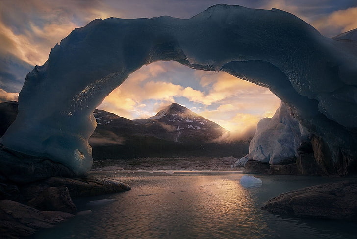 body of water with ice arch formation during golden hour, photography, HD wallpaper