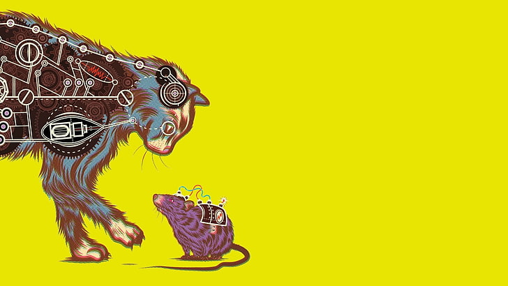 cat and rat illustratioin, gears, artwork, digital art, machine