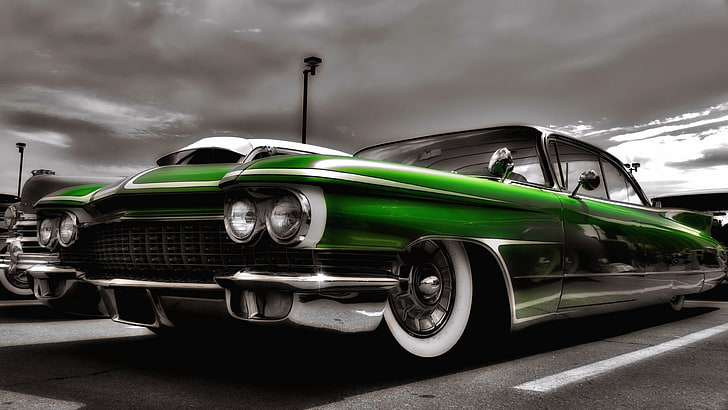 green coupe, car, old car, Hot Rod, Low Rider, selective coloring, HD wallpaper