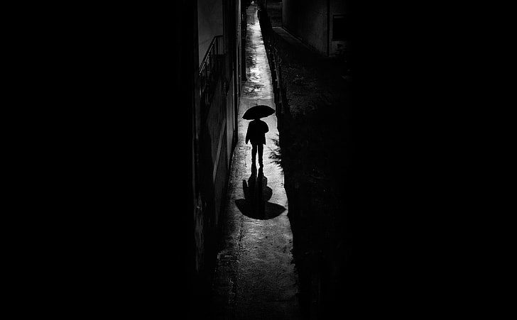 A Rainy Night Walk, black umbrella, Black and White, Spain, Fuji, HD wallpaper