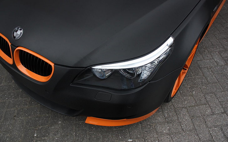 black BMW car, orange, black cars, vehicle, land Vehicle, transportation, HD wallpaper