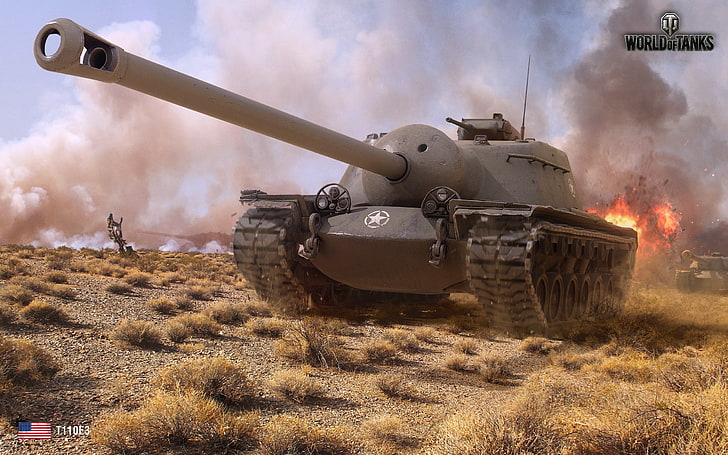 gray battle tank, field, fire, smoke, explosions, American, World of Tanks, HD wallpaper