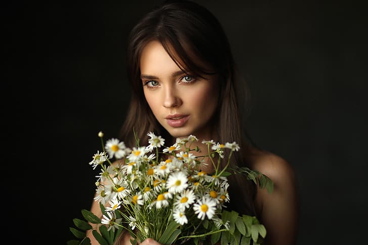 look, flowers, background, model, portrait, chamomile, bouquet