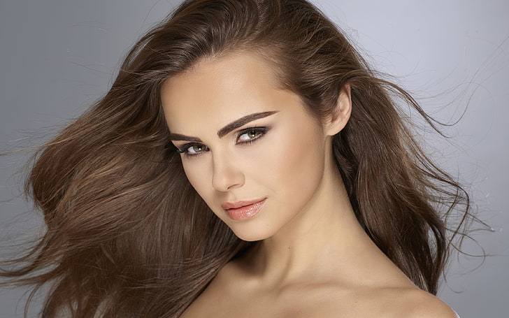 Xenia Deli, model, brunette, face, women, simple background