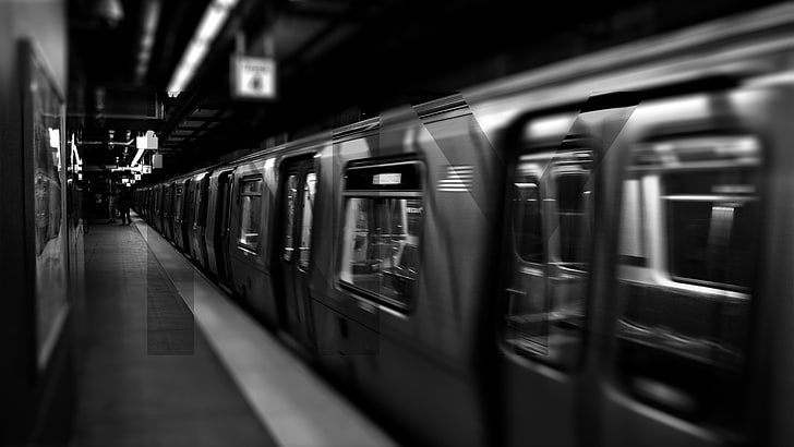 grayscale train station, New York City, underground, subway, metro