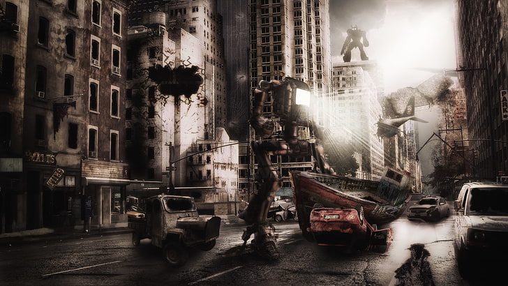 city, cyborg, robot, apocalyptic, futuristic, transportation