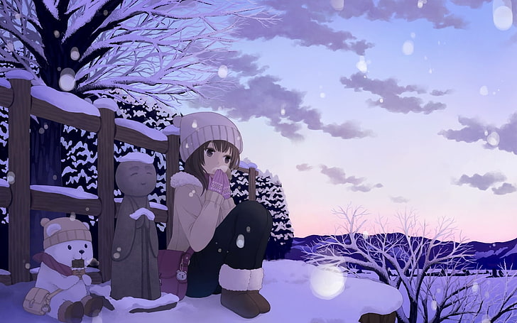 Winter Sitting Girl Near Fence, female anime character and polar bear cub sitting beside fence during winter illustration, HD wallpaper