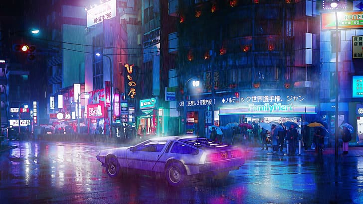 Cyberpunk 2077, car, people, neon, neon lights, light blue, HD wallpaper