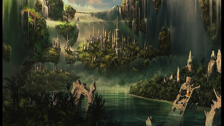 castle, fantasy art, waterfall, tree, scenics - nature, plant