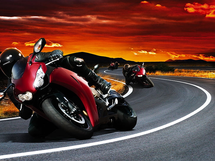 red and black sports bike, motorcycle, vehicle, sky, road, transportation, HD wallpaper