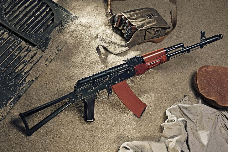 Russia, USSR, ammunition, AK-47, assault rifle, sand, Kalashnikov, HD wallpaper
