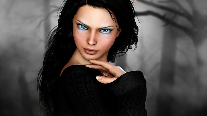 digital art, fantasy art, women, sweater, blue eyes, face, black hair