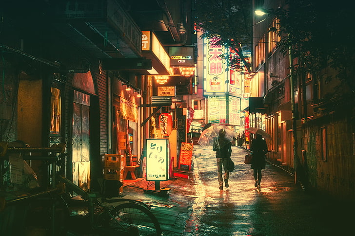couple walking on the street painting, Japan, night, neon, Masashi Wakui