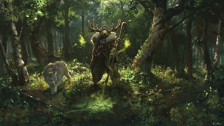 tiger illustration, forest, wolf, magic, sorcerer, antlers, tree