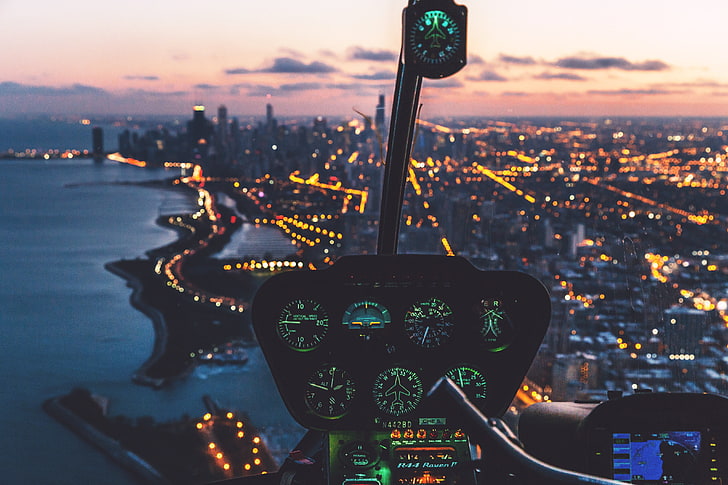 airplane gauge, control panel, helicopter, pilot, night city