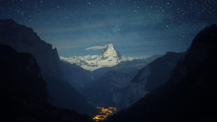 starry, swiss alps, stars, switzerland, matterhorn, peak, europe, HD wallpaper