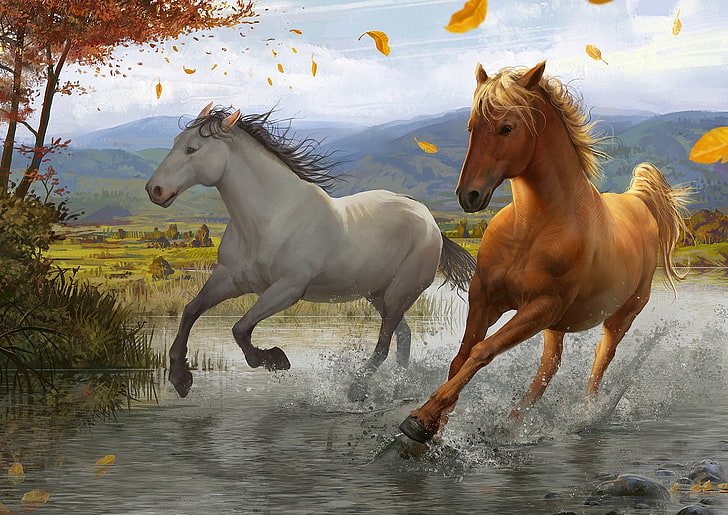 white and brown horses painting, leaves, squirt, river, tree