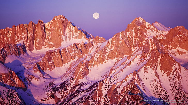 Moon Over Mount Russell and Mount Whitney, California, Mountains, HD wallpaper