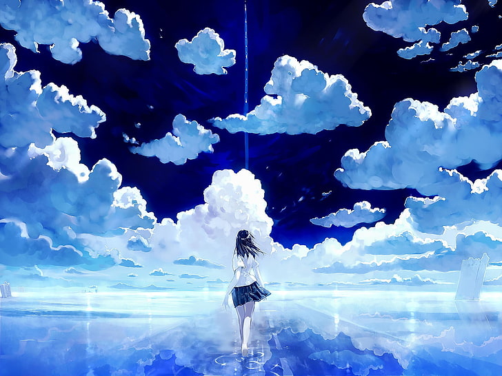 anime, sky, water, blue, mirror, lights, clouds, sea, lake