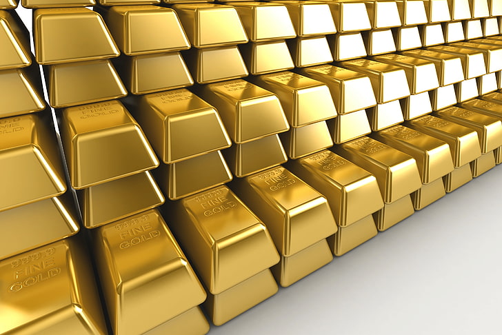 gold bars, Background, Metal, Ingot, bullion, gold Colored, three-dimensional Shape, HD wallpaper