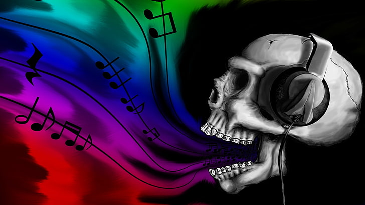 headphones skulls music 1366x768  Entertainment Music HD Art