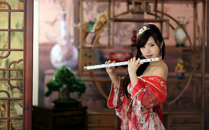 Girl, beauty, flute, flute, classical, Chinese style, desktop, women's red and white floral kimono, HD wallpaper