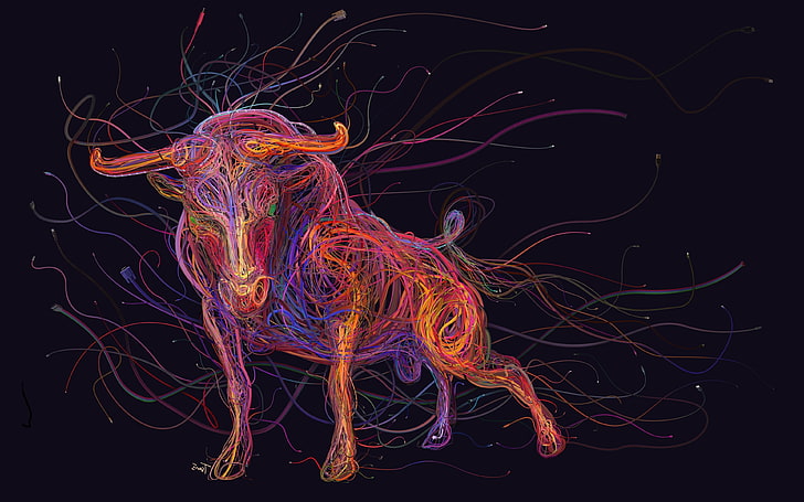 animals, bull, Colorful, digital art, Ethernet, USB, Wires