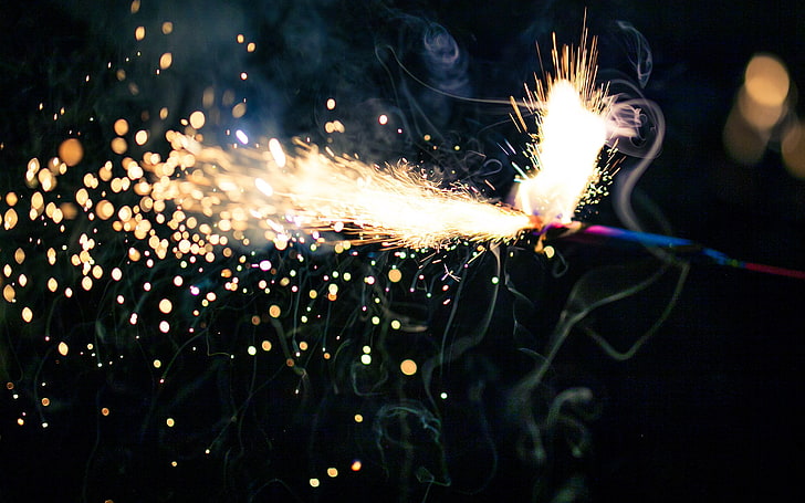 blue fire cracker, sparks, lights, fireworks, matches, motion, HD wallpaper
