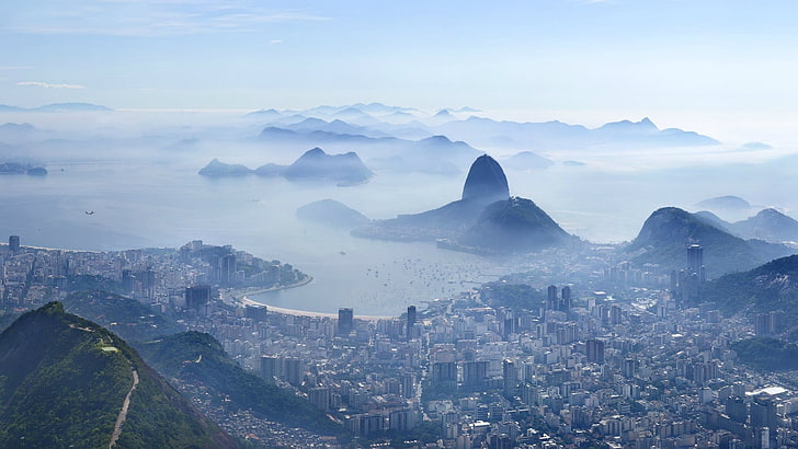 grey high-rise building, top view, panorama, mist, rio de Janeiro, HD wallpaper