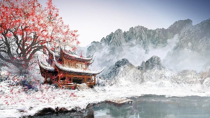 brown temple illustration, brown pagoda under red cherry blossom near body of water painting