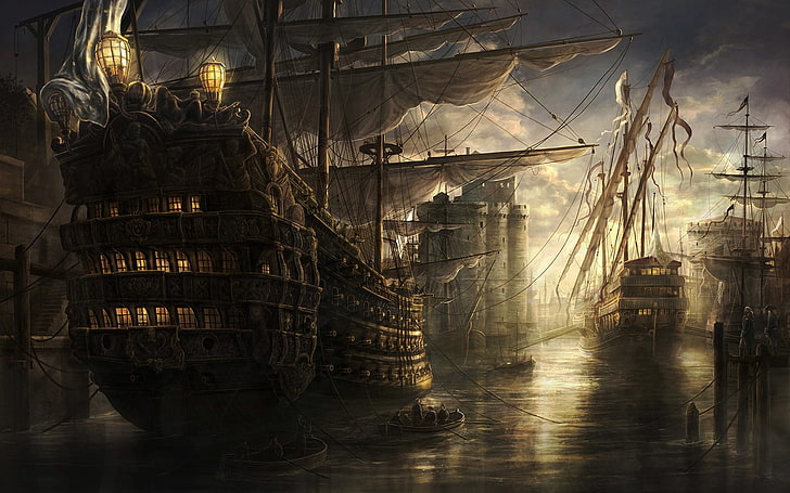 sea, old ship, fantasy art, artwork, video games, Empire: Total War, HD wallpaper