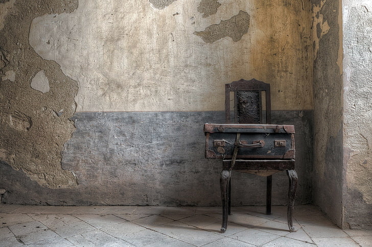 old, chair, wall, suitcase, wall - building feature, indoors, HD wallpaper