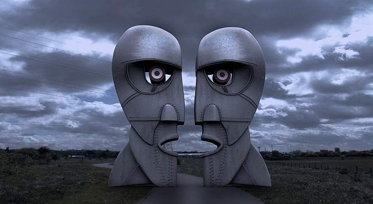 pink floyd the division bell sculpture metal symmetry nature road field trees clouds evening artwork, HD wallpaper