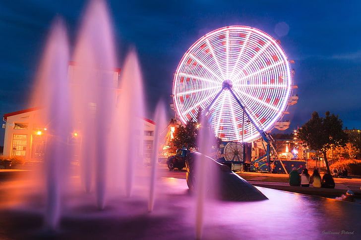 fountain, ferris wheel, city, night, long exposure, amusement park