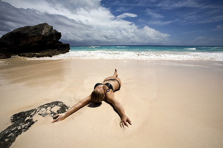 model, beach, women, bikini, sea, water, land, sky, beauty in nature, HD wallpaper