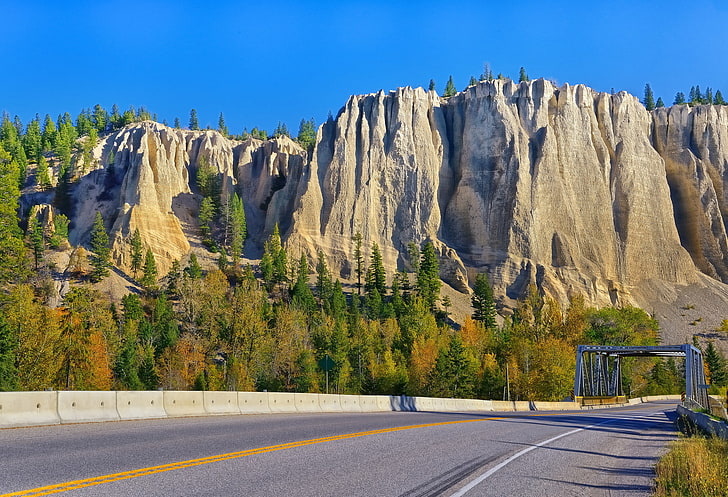 road, trees, mountains, bridge, rocks, Canada, British Columbia, HD wallpaper