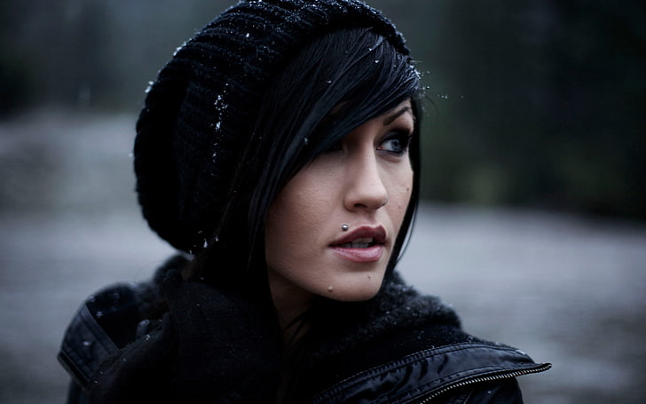 women's black beanie cap, brunette, piercing, glance, winter