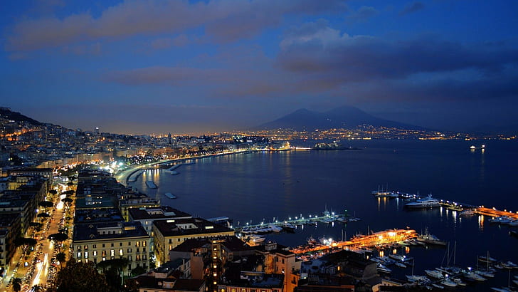 Naples, Campania, Italy, bay, lights, night, sky