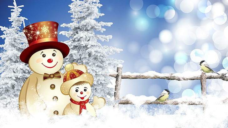 Winters Best Days, new years, christmas, fence, trees, snowman, HD wallpaper