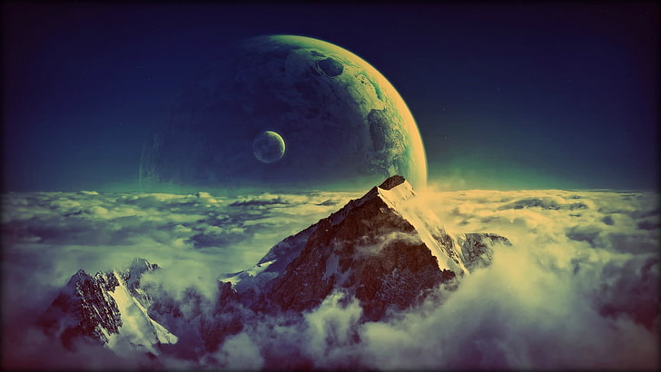 snow covered mountain, mountains, clouds, Moon, planet, space art, HD wallpaper