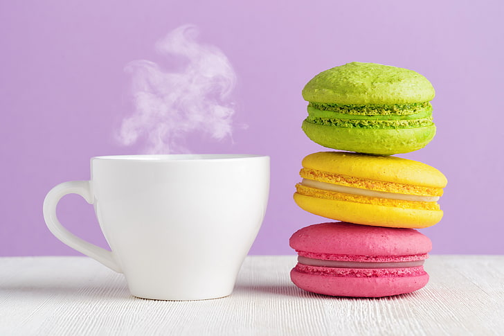 green, yellow, and pink macaroons, colorful, cookies, dessert, HD wallpaper