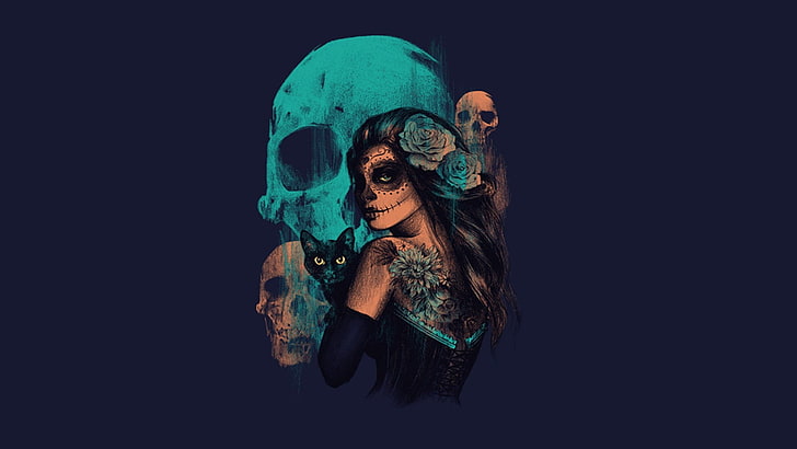 teal skull and woman illustration, women, Sugar Skull, artwork