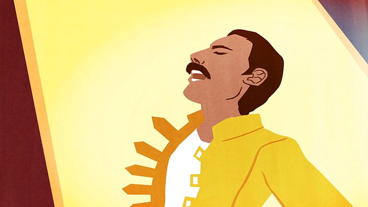 man wearing yellow duffel top illustration, queen, picture, soloist