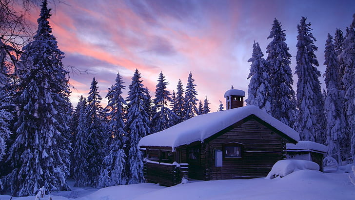 Log Cabin In The Wood In Winter, woods, sunset, nature and landscapes
