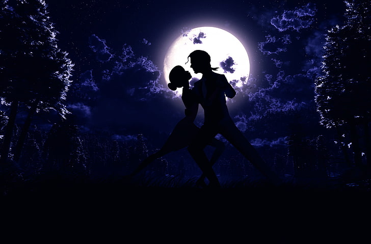 silhoutte of man and woman, night, the moon, dance, silhouette, HD wallpaper